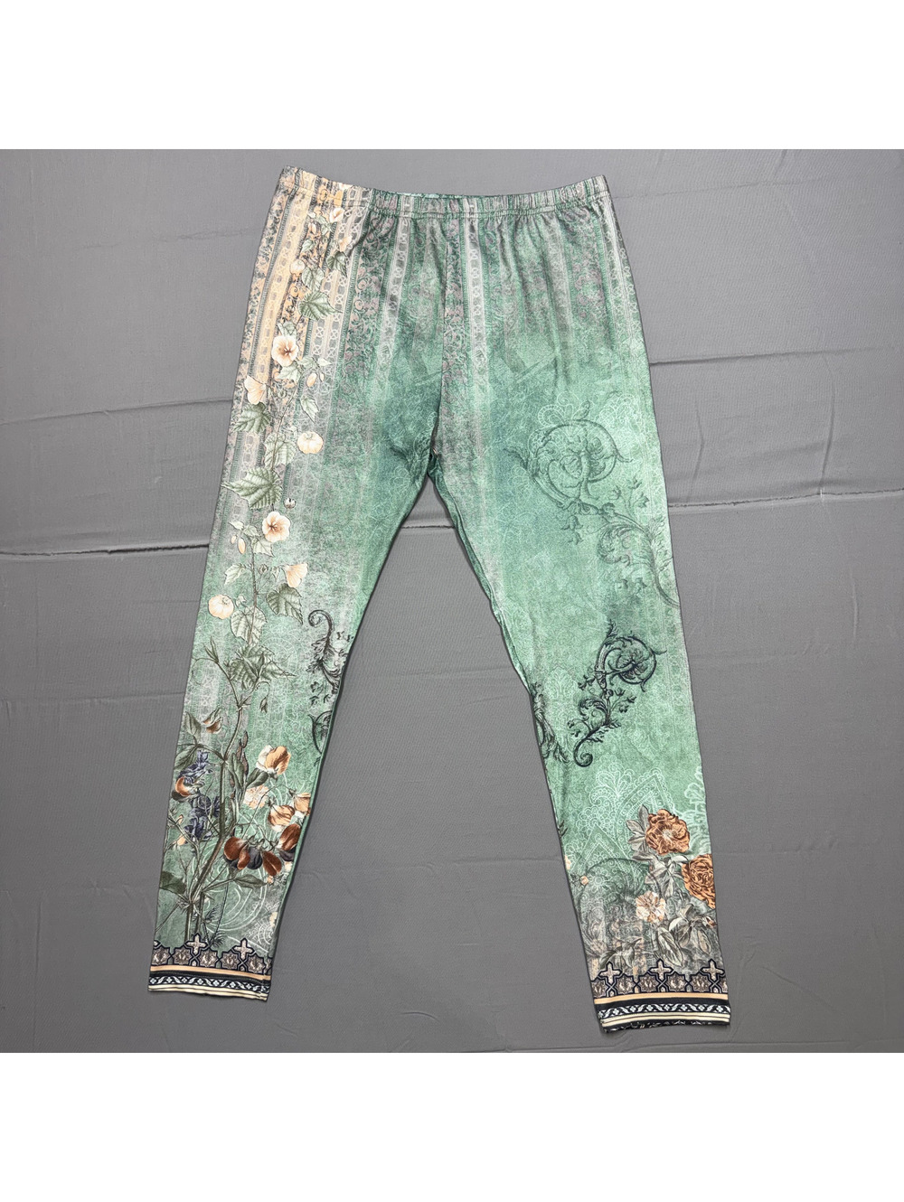 Boutique Womens Leggings Polyester Floral Baroque XL Green Boho Cottagecore
